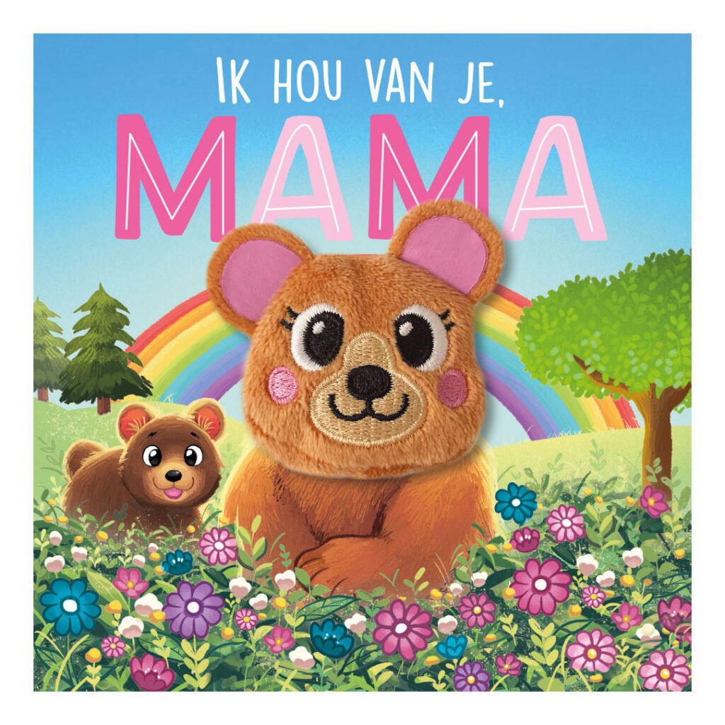 Ik hou van je mama kinderboek met vingerpop beertje in bloemenveld met regenboog Ik Hou Van Je Mama Vingerpopboek
