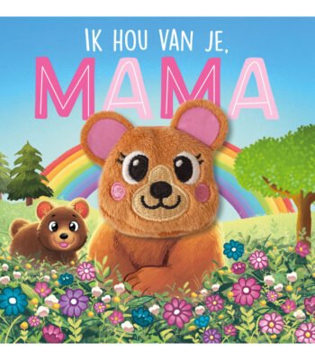 Ik hou van je mama kinderboek met vingerpop beertje in bloemenveld met regenboog Ik Hou Van Je Mama Vingerpopboek