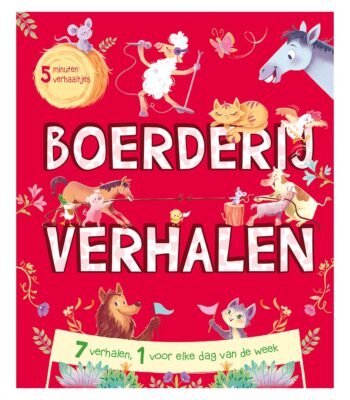 Omslag van kinderboek "Boerderijverhalen" met kleurrijke boerderijdieren op rode achtergrond 5-Minutenverhaaltjes - Boerderijverhalen