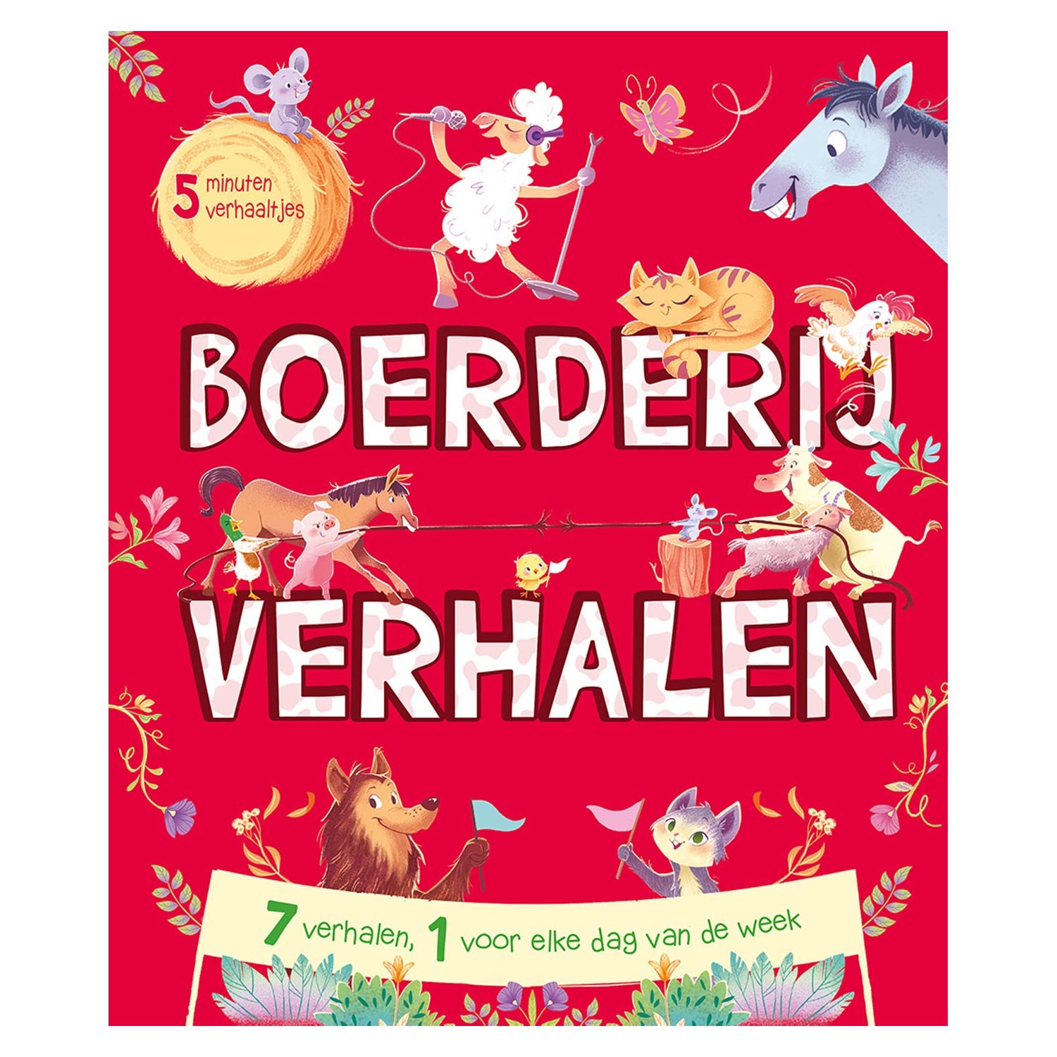 rebo-publishers-kinderboek-boerderijverhalen-omslag-boerderijdieren Omslag van kinderboek "Boerderijverhalen" met kleurrijke boerderijdieren op rode achtergrond 5-Minutenverhaaltjes - Boerderijverhalen