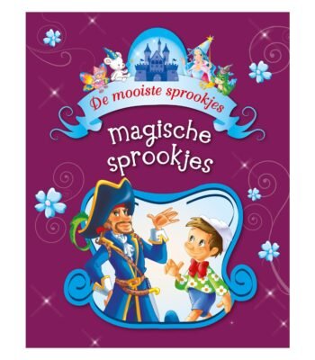 Magische sprookjes kinderboek met piraat en Pinokkio op paarse achtergrond De Mooiste Sprookjes Magische Sprookjes