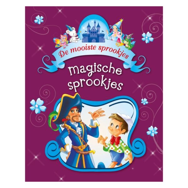 Magische sprookjes kinderboek met piraat en Pinokkio op paarse achtergrond De Mooiste Sprookjes Magische Sprookjes