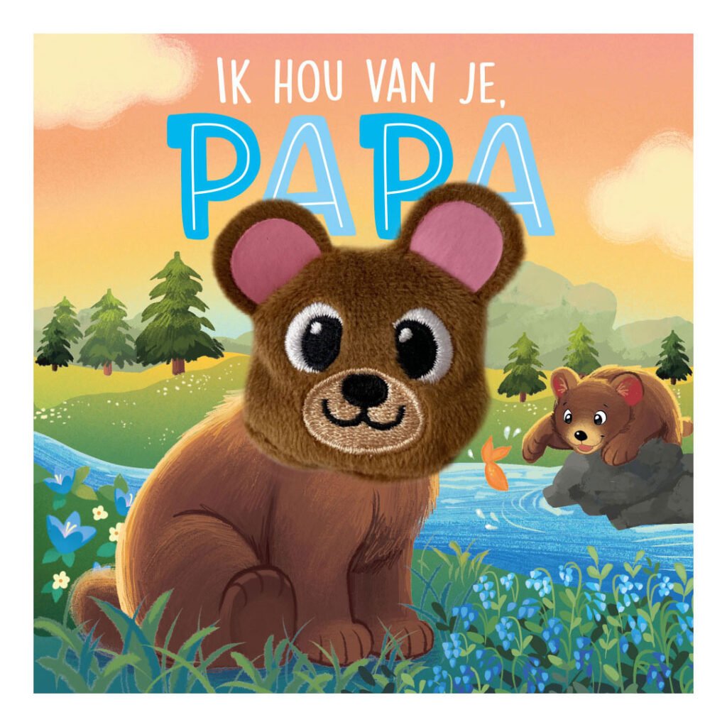 Voorkant kinderboek Ik hou van je papa met beren vingerpop en illustratie bij rivier ik hou van je papa vingerpopboek