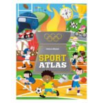 Vrolijke voorkant van Sport Atlas kinderboek met illustraties van verschillende sporten Sportatlas