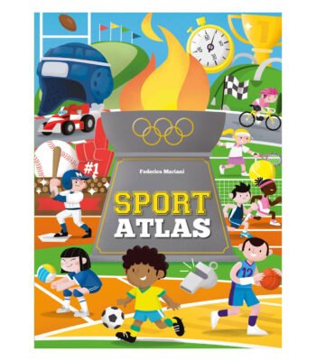 Vrolijke voorkant van Sport Atlas kinderboek met illustraties van verschillende sporten Sportatlas