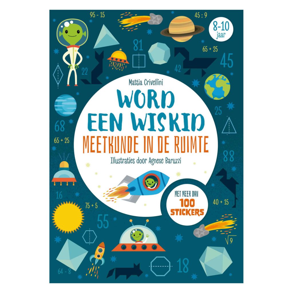 Voorkant van kinderboek 'Word een Wiskid - Meetkunde in de Ruimte' met ruimtefiguren en rekensommen Meetkunde In de Ruimte - Wiskid