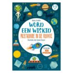 Voorkant van kinderboek 'Word een Wiskid - Meetkunde in de Ruimte' met ruimtefiguren en rekensommen Meetkunde In de Ruimte - Wiskid