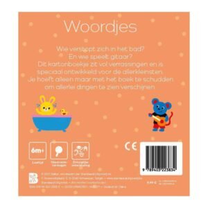Achterkant van baby schudboekje Woordjes met illustraties van konijn in bad en muis met gitaar