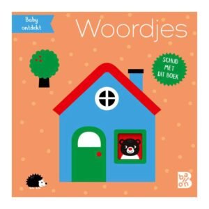 Voorkant van mini schudboekje met rammelaar - Woordjes met blauw huis en dierenillustraties