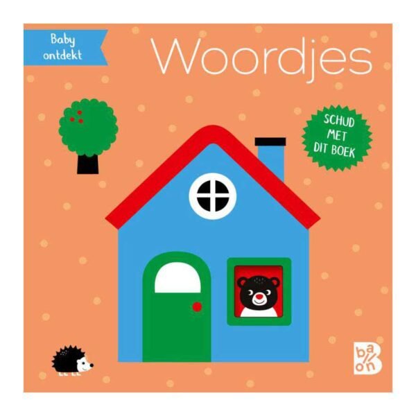 Voorkant van mini schudboekje met rammelaar - Woordjes met blauw huis en dierenillustraties