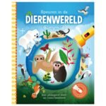 Voorkant Speuren in de Dierenwereld kinderboek met illustraties van jungle-, zee- en pooldieren speuren in de dierenwereld + kartonnen zaklamp
