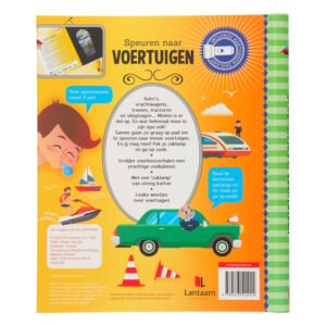 Achterkant kinderboek Speuren naar Voertuigen met illustraties van auto, trein en zoeklamp