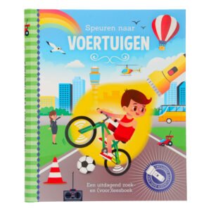 Voorkant kinderboek Speuren naar Voertuigen met jongen op fiets en stadsachtergrond speuren naar Voertuigen + kartonnen zaklamp