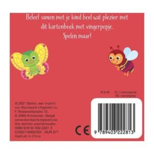 Achterkant kartonboek Rupsje heeft honger met vlinder, bij en productinformatie