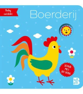 Voorkant baby boek Boerderij met kleurrijke haan illustratie Mini Schudboekje Met Rammelaar Boerderij