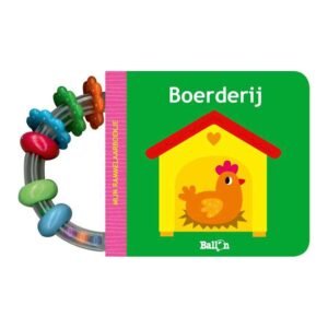 Baby rammelaarboekje Boerderij met kip op kaft en kleurrijke bijtring Mijn Rammelaarboekje Boerderij 6m+