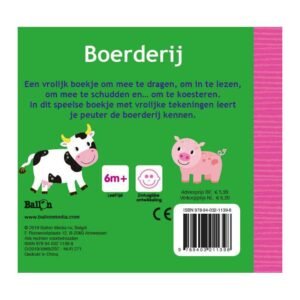 Achterkant baby voelboekje Boerderij met koe en varken illustratie 6 maanden+