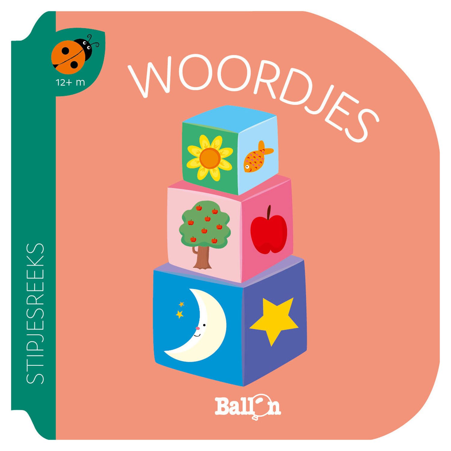 standaard-uitgeverij-babyboek-woordjes-stipjesreeks-blokken Babyboek Woordjes uit de Stipjesreeks met kleurrijke blokken en illustraties van maan, ster, appel en vis Kartonboek Stipjesreeks Woordjes