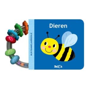 Babyboekje Dieren met bij illustratie en kleurrijke rammelaar Mijn Rammelaarboekje Dieren 6m+