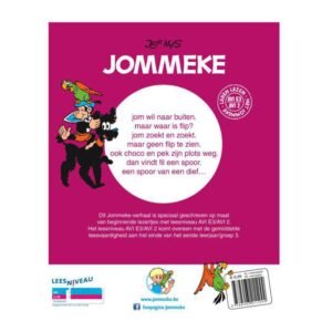 Achterkant van Jommeke kinderboek AVI E3 met korte lees­tekst en illustratie van Jom en Flip