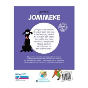 Achterkant van Jommeke boek Jom in het Bos met samenvatting en AVI M3 leesniveau