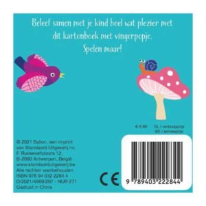 Achterkant kartonboek Katje en het bolletje wol met vogel, slak en paddenstoel illustratie