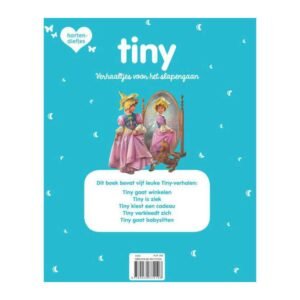 Achterkant van Tiny boek met vijf slaapverhaaltjes en illustratie van Tiny verkleed als prinses.