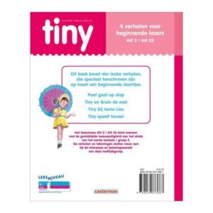 Achterkant Tiny boek met uitleg over AVI-niveau en verhaaltitels voor jonge lezers
