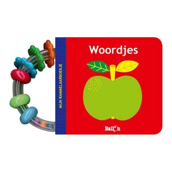 Voorkant van het baby rammelboekje Woordjes met groene appel en kleurrijke bijtring Mijn Rammelaarboekje Woordjes 6m+