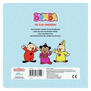 Achterkant van Bumba kinderboek met clowns en introductietekst over zijn vrienden