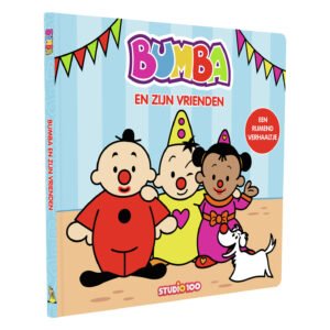 Schuine aanzicht van Bumba boek met titel en drie vriendjes op de cover