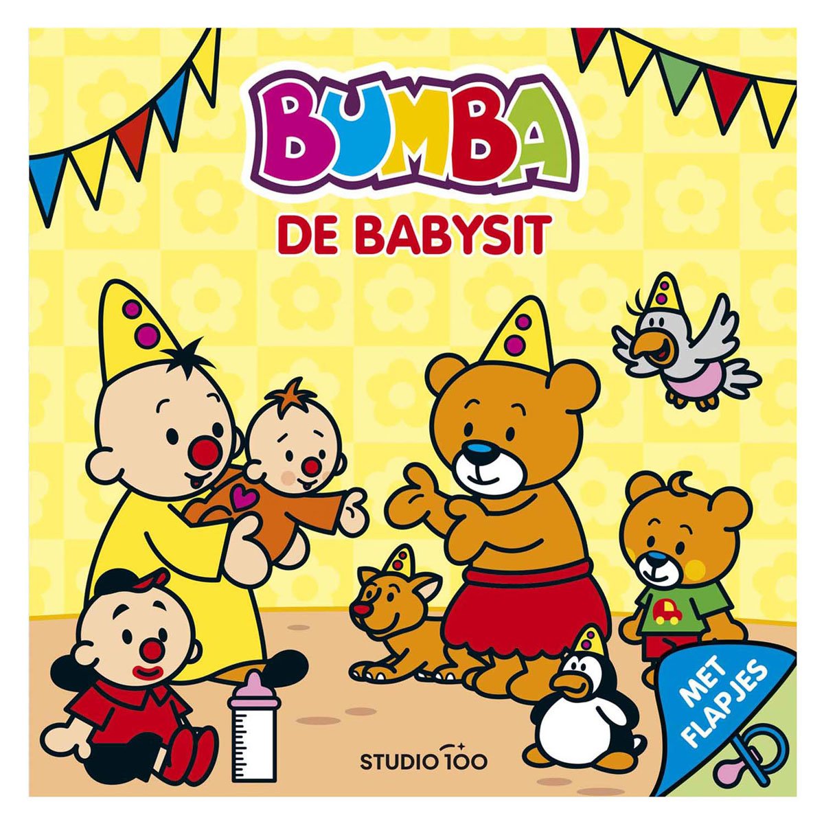 studio100-bumba-de-babysit-cover-voorkant Voorkant van Bumba De Babysit kinderboek met Bumba, beertjes en feesthoedjes Bumba Kartonboek - De Babysit