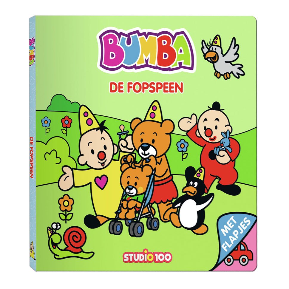 Voorkant van het kinderboek 'Bumba: De Fopspeen' met vrolijke figuren in een groene omgeving. Bumba Kartonboek - De Fopspeen