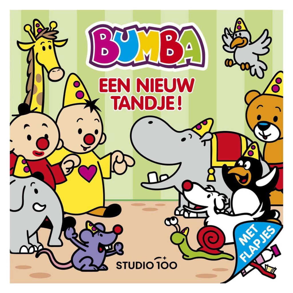 Bumba en zijn vriendjes op de kleurrijke cover van het boek "Een nieuw tandje" Bumba Kartonboek met Flapjes - Nieuw tandje