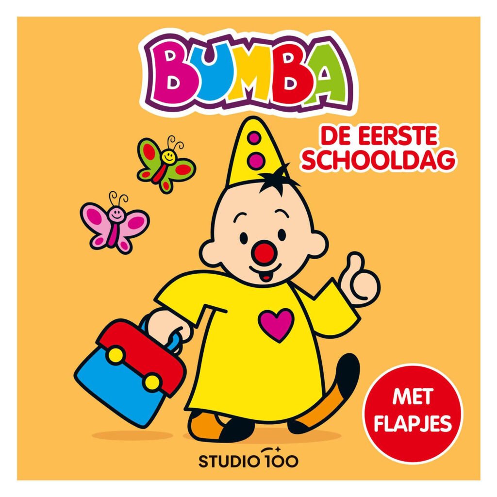 Bumba met schooltas op eerste schooldag, kleurrijke cover van kinderboek Bumba Kartonboek met Flapjes - De eerste schooldag