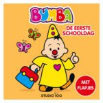 Bumba met schooltas op eerste schooldag, kleurrijke cover van kinderboek Bumba Kartonboek met Flapjes - De eerste schooldag