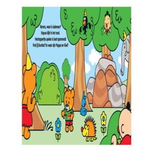 Illustratie uit Bumba's flapboek waar de personages verstoppertje spelen in het bos.