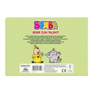 Achterkant van Bumba kinderboek 'Ieder zijn talent' met beschrijving en illustraties van Bumba en Tumbi
