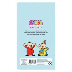 Achterkant van het kinderboek Bumba in het Circus met Bumba en Bumbalu op blauwe achtergrond.