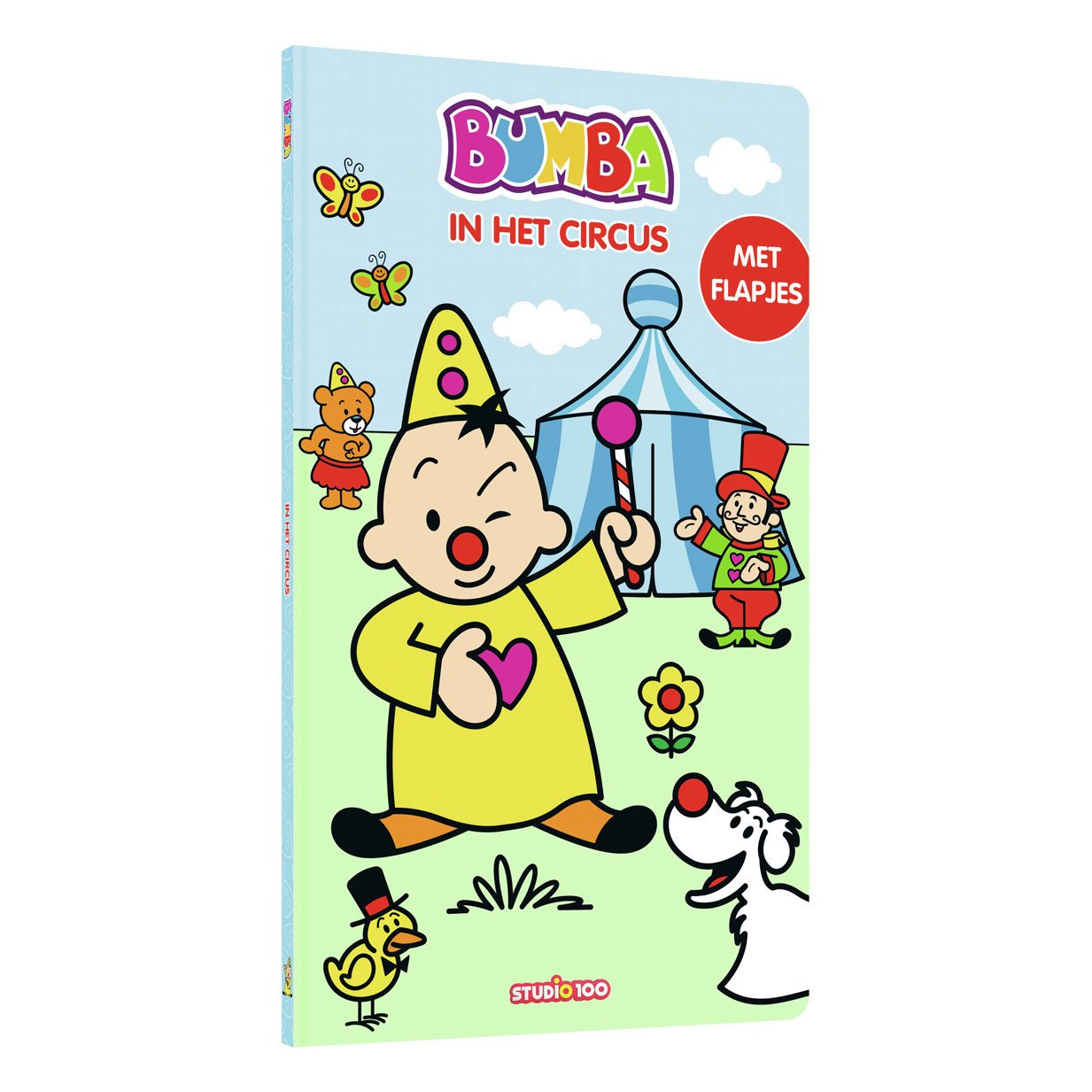 studio100-bumba-in-het-circus-voorkant-met-flapjes Voorkant van het boek Bumba in het Circus met Bumba, circusdirecteur en hondje op de cover. Bumba Kartonboek met Flapjes - In het Circus