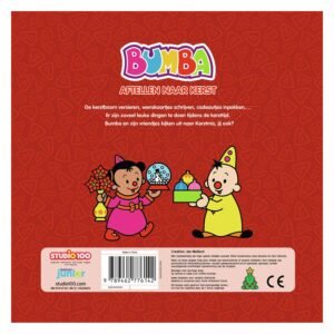 Achterkant van Bumba kerstboek met beschrijving en vrolijke illustraties