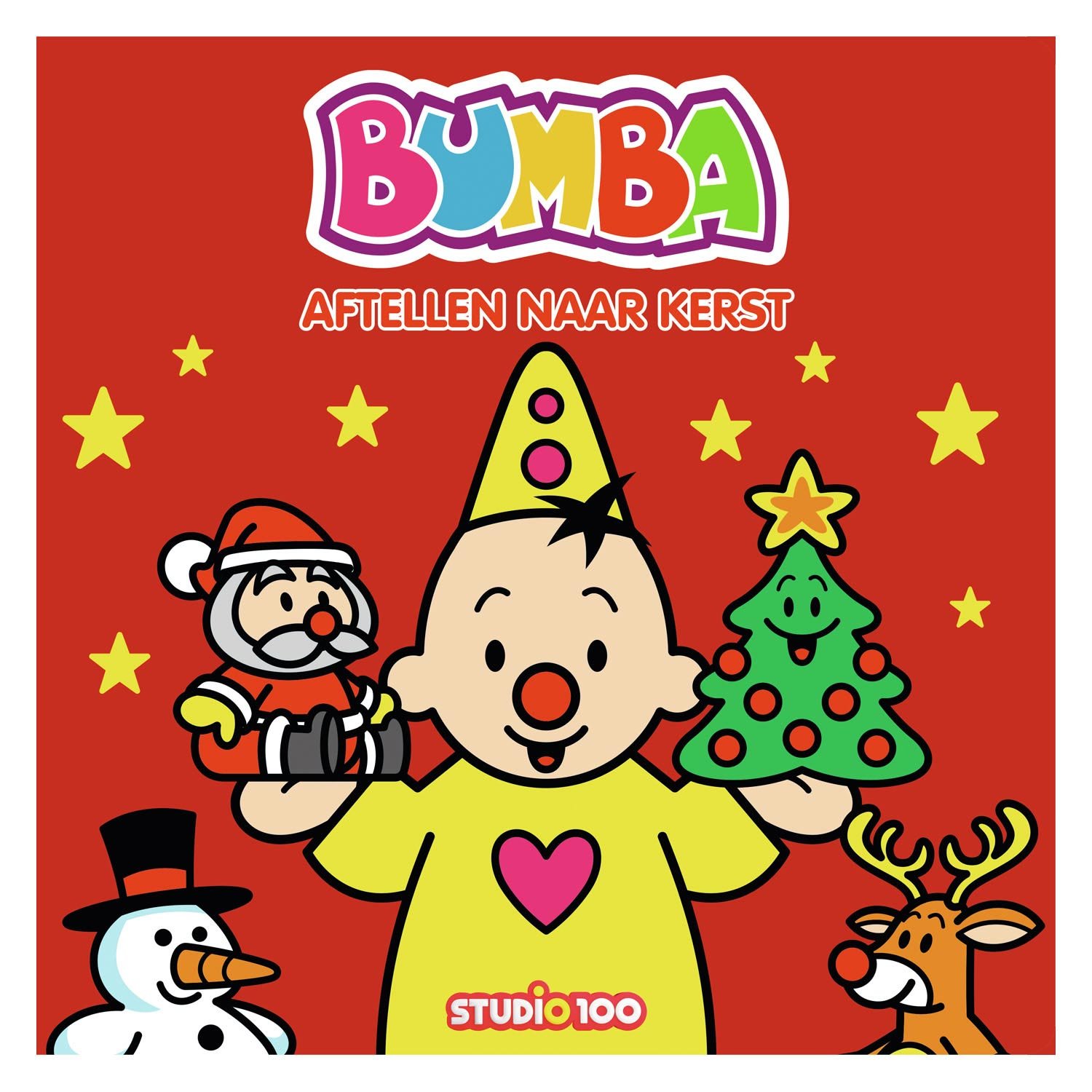 studio100-bumba-kerstboek-voorkant-kerstfiguren Voorkant van Bumba kerstboek met Bumba, kerstman, sneeuwpop en rendier Bumba Kartonboek - Kerst