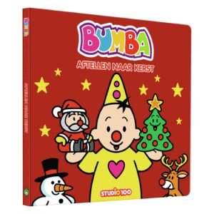 Zijkant van Bumba kerstboek met Bumba, kerstman en kerstboom poppetjes