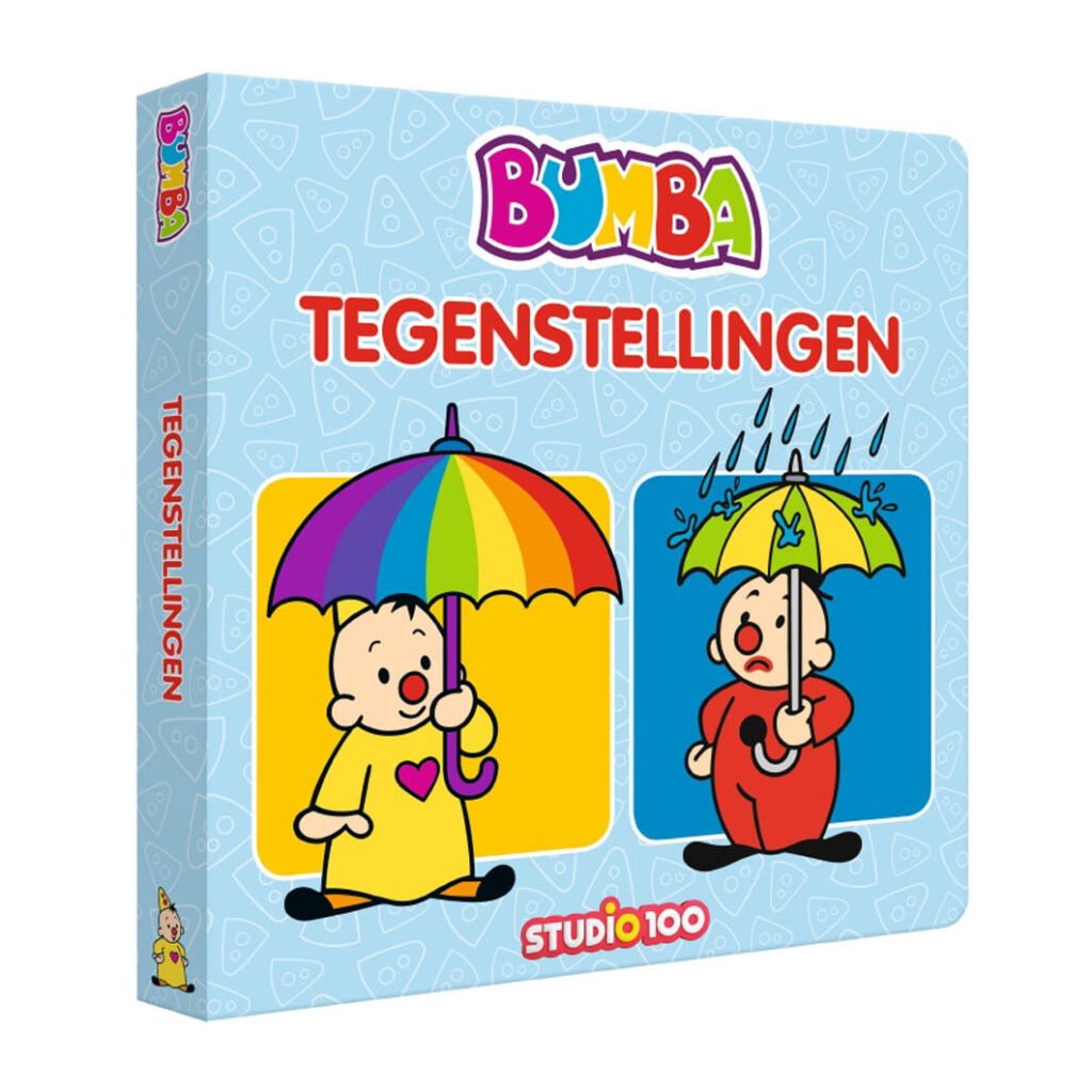 Kinderboek Bumba Tegenstellingen met kleurrijke illustraties van tegenstellingen onder een paraplu Bumba Kartonboek XL - Tegenstellingen
