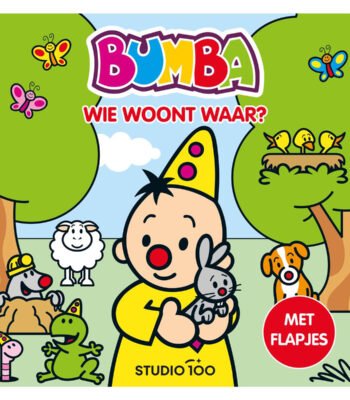 Voorkant van het flapjesboek 'Bumba: Wie woont waar?' met dieren en Bumba in het bos Bumba Kartonboek met Flapjes - Wie woont Waar?