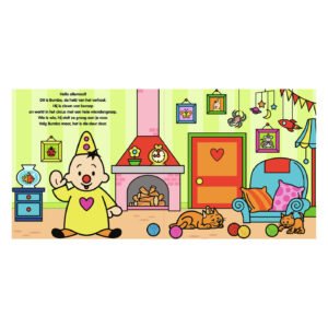 Illustratie van Bumba in zijn woonkamer met katten, speelgoed en kleurrijke decoratie