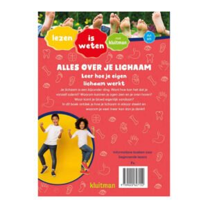 Achterkant van kinderboek 'Alles over je lichaam' met uitleg over het menselijk lichaam.