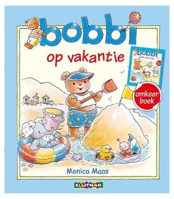 Boekcover Bobbi op vakantie van Monica Maas met strandtafereel en zandkasteel Bobbi Omkeerboek Zomer