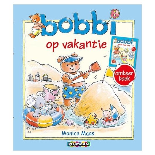 Boekcover Bobbi op vakantie van Monica Maas met strandtafereel en zandkasteel Bobbi Omkeerboek Zomer