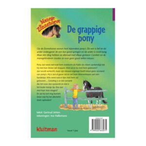 Achterkant van het kinderboek De grappige pony van Gertrud Jetten met pony Javi en meisje bij stal